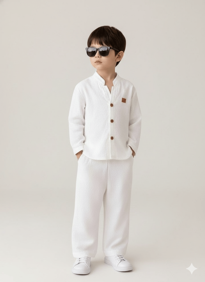 طقم أولاد قطعتين (كتان) – أبيض كلاسيكي