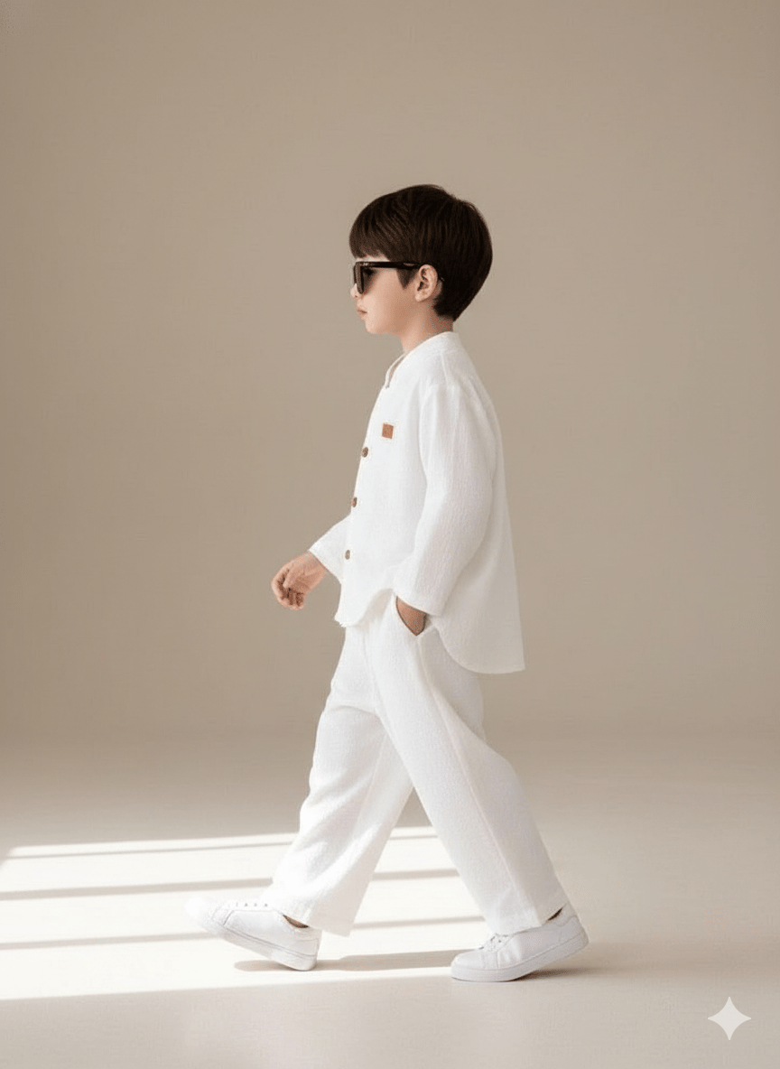 طقم أولاد قطعتين (كتان) – أبيض كلاسيكي