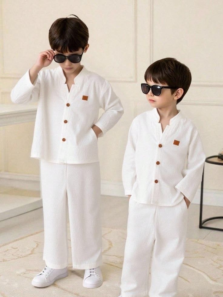 طقم أولاد قطعتين (كتان) – أبيض كلاسيكي