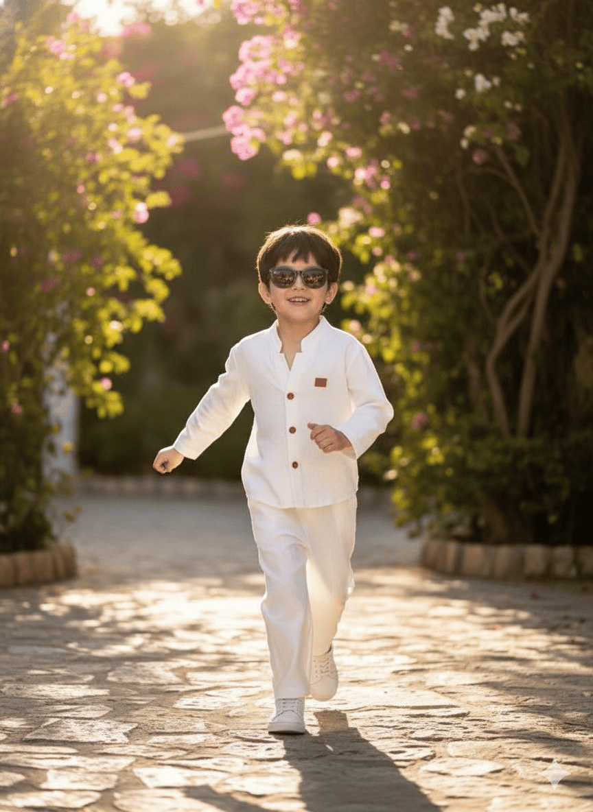 طقم أولاد قطعتين (كتان) – أبيض كلاسيكي