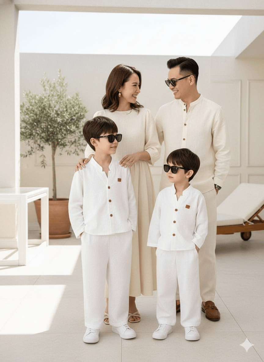 طقم أولاد قطعتين (كتان) – أبيض كلاسيكي