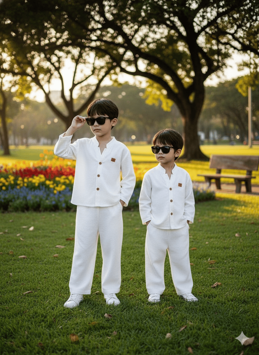 طقم أولاد قطعتين (كتان) – أبيض كلاسيكي