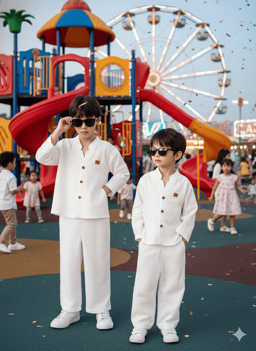 طقم أولاد قطعتين (كتان) – أبيض كلاسيكي