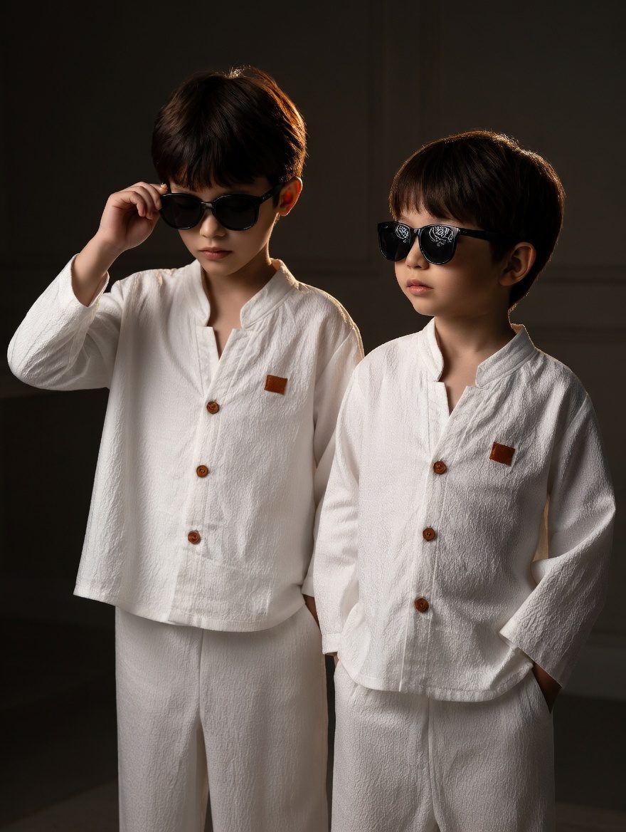 طقم أولاد قطعتين (كتان) – أبيض كلاسيكي