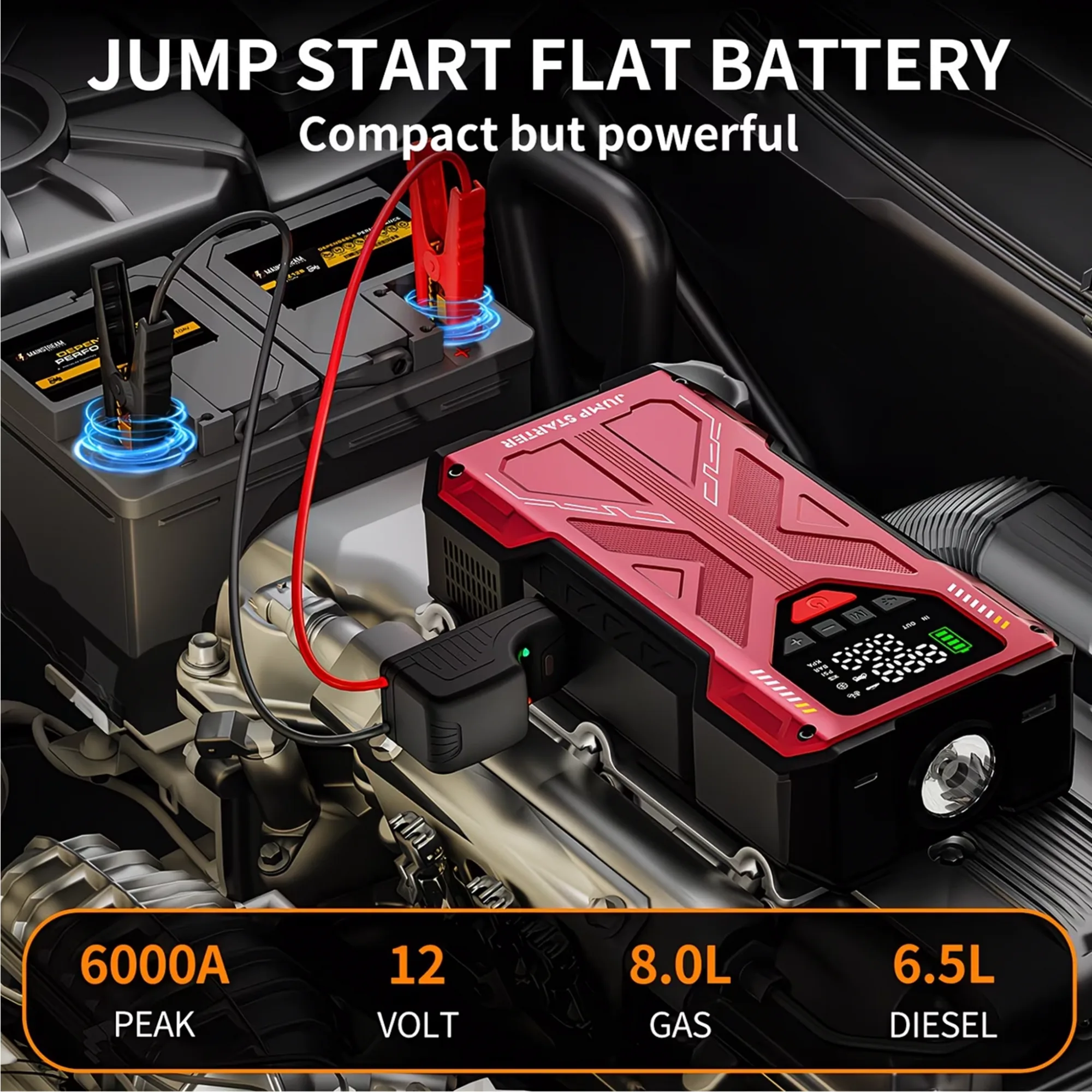 Portable Jump Starter with Air Compressor & Digital Tire Inflator for Emergency Use (6000A)