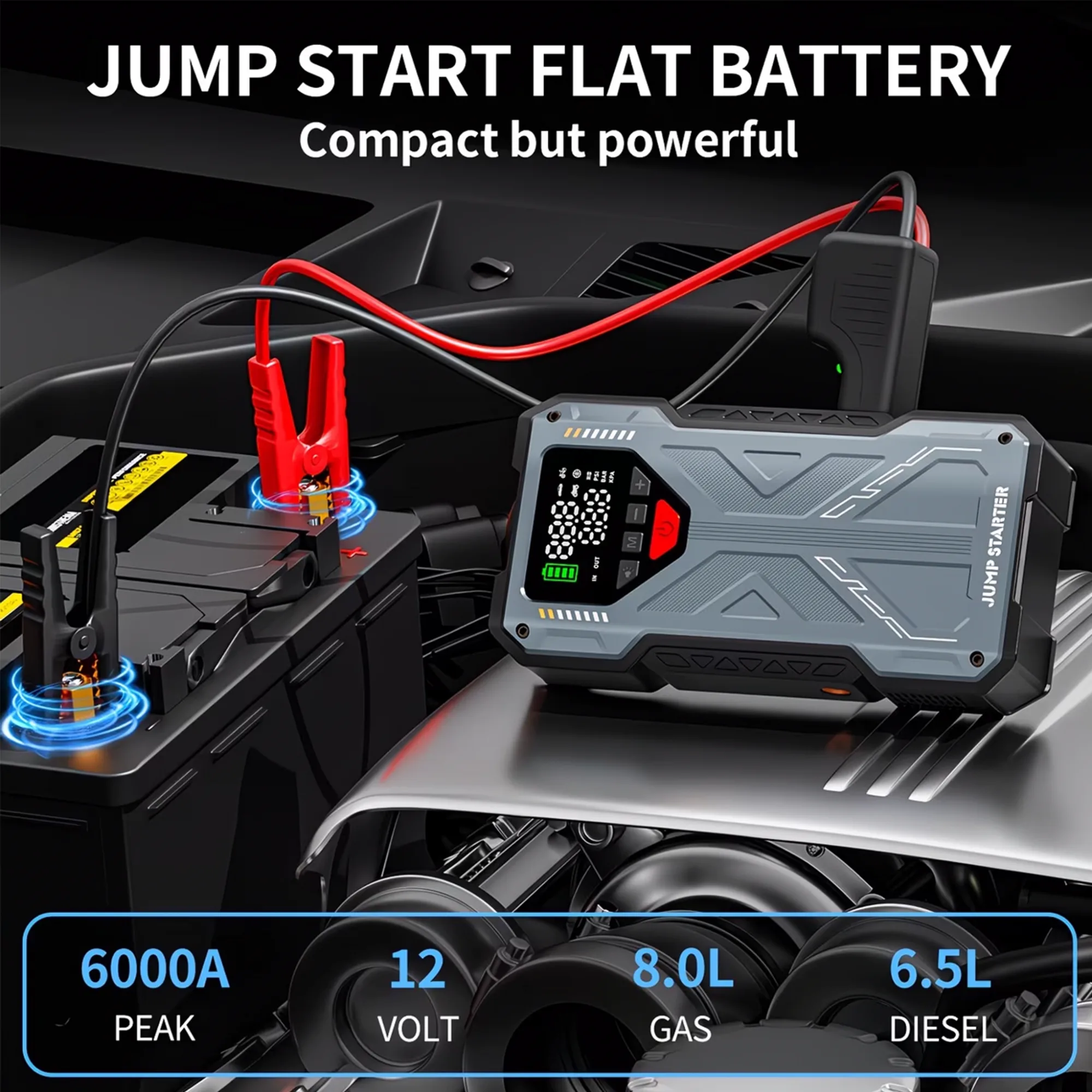 Portable Jump Starter with Air Compressor & Digital Tire Inflator for Emergency Use (6000A)