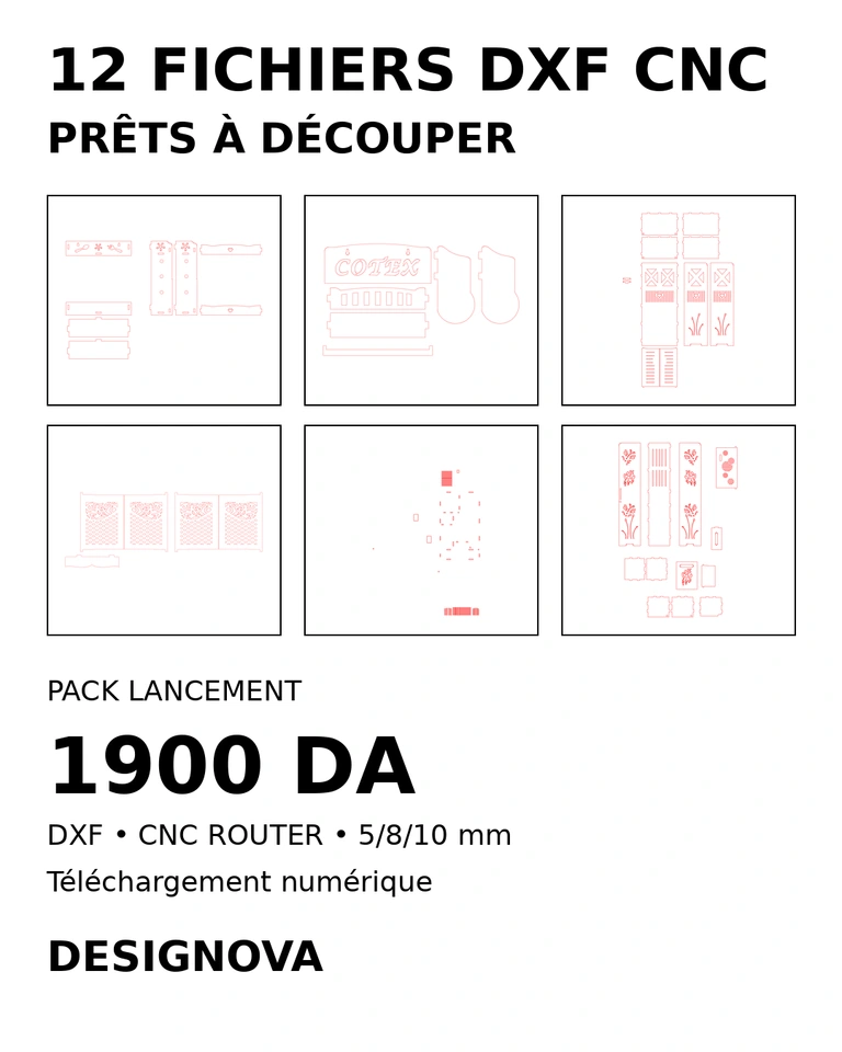 Pack CNC Business Starter – 12 ملفات DXF جاهزة للقص