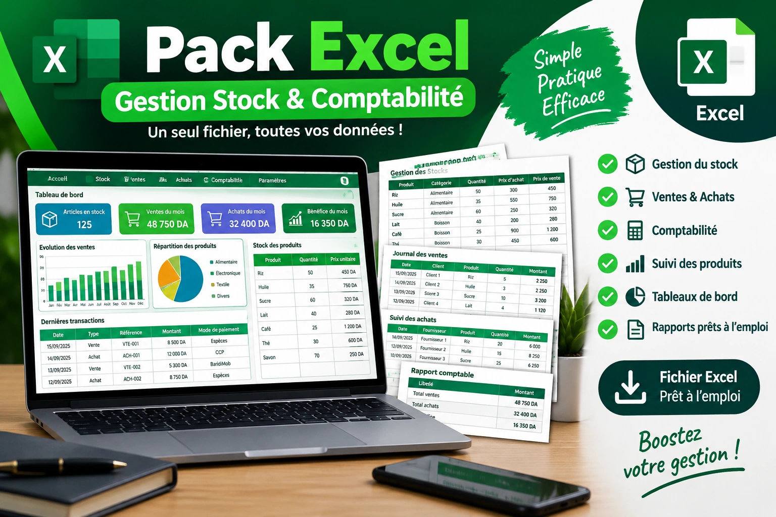 📊 Pack Excel Gestion Stock & Comptabilité