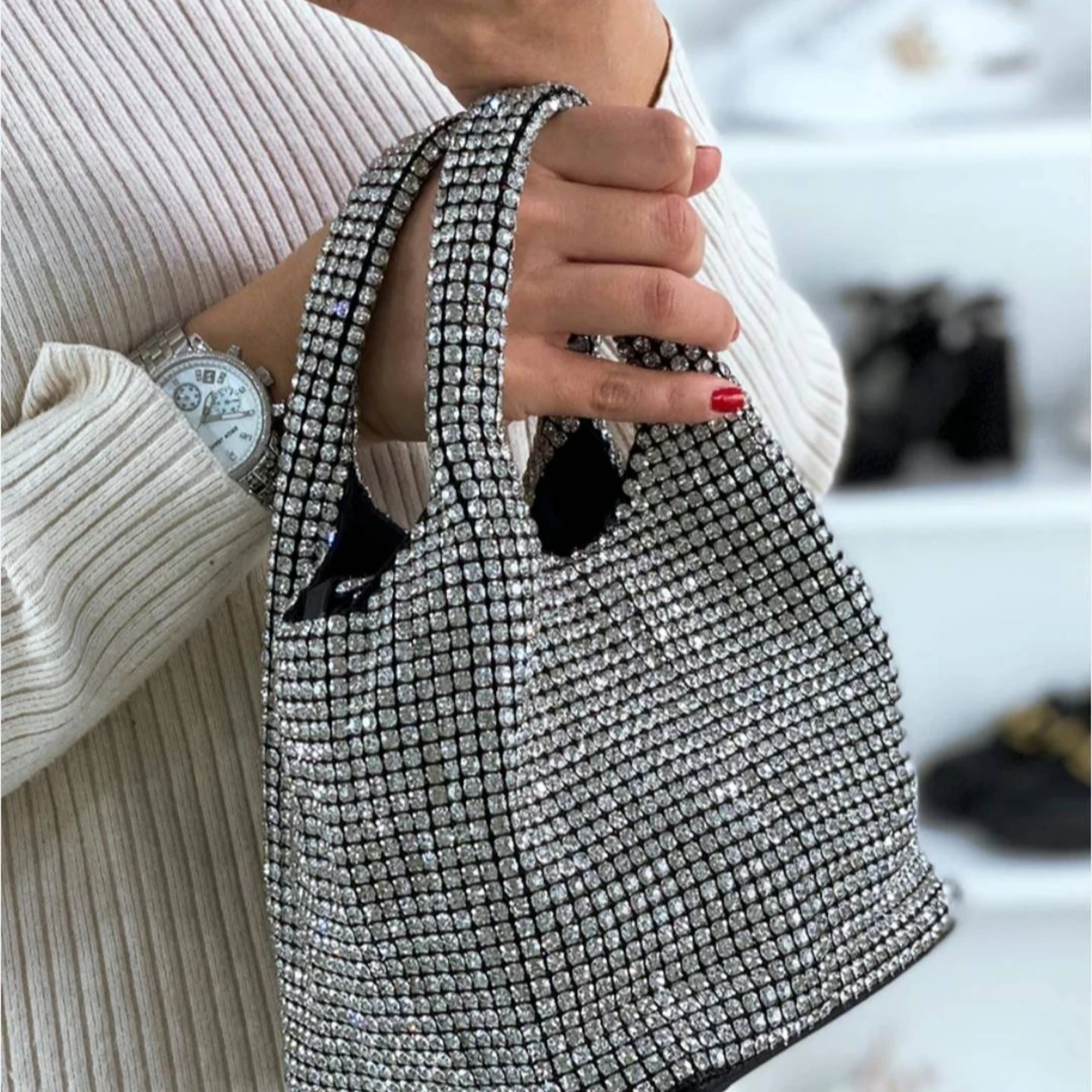 Crystal Luxury Bag – Silver & Midnight Blue Edition