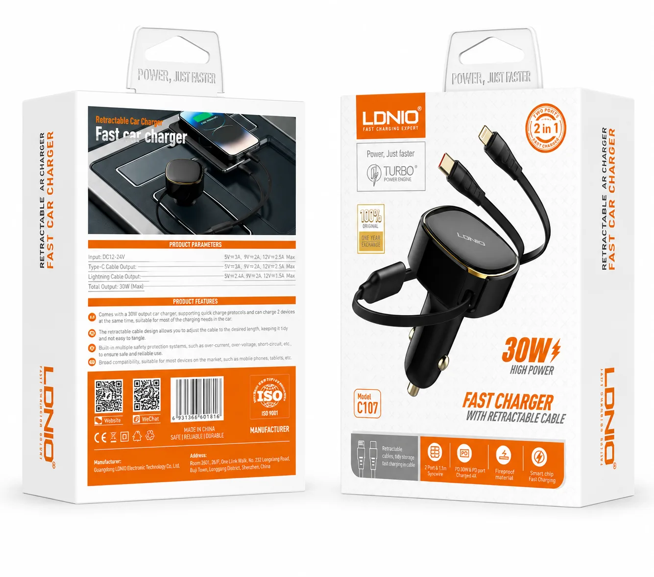 30W Wired Type-C OR Lightning Ultra Fast Car Charger C107