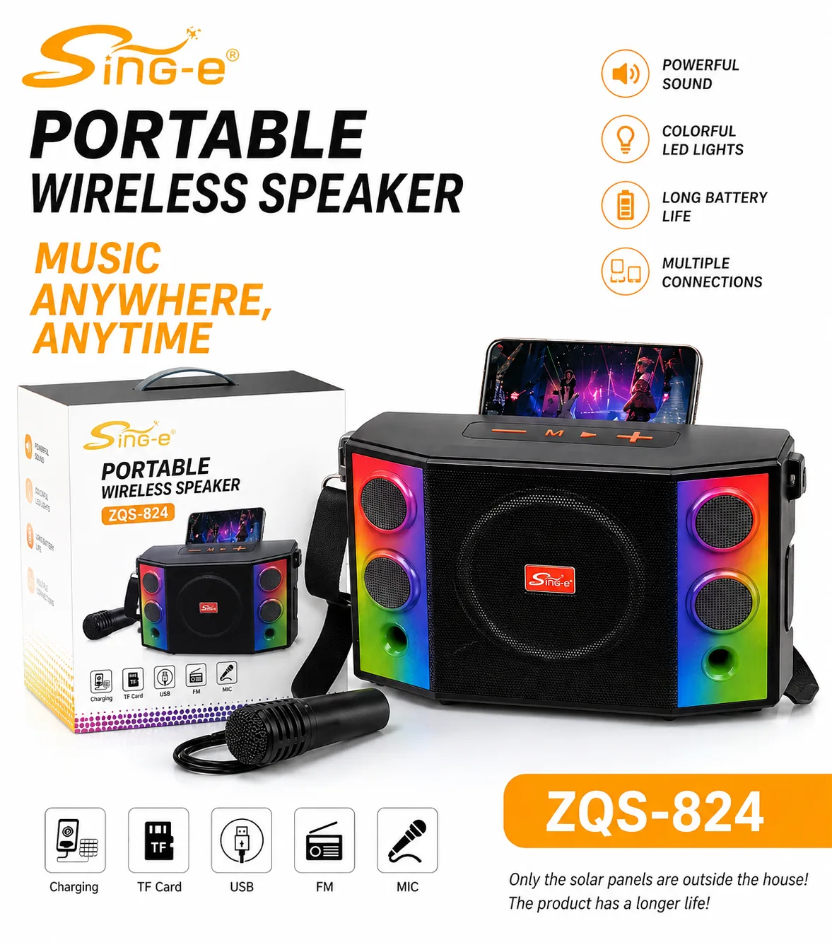 ZQS-824 Nouveau produit, enceintes basses 2 en 1, enceinte portable sans fil, double enceinte, lumière LED RGB, Bluetooth avec effet RGB