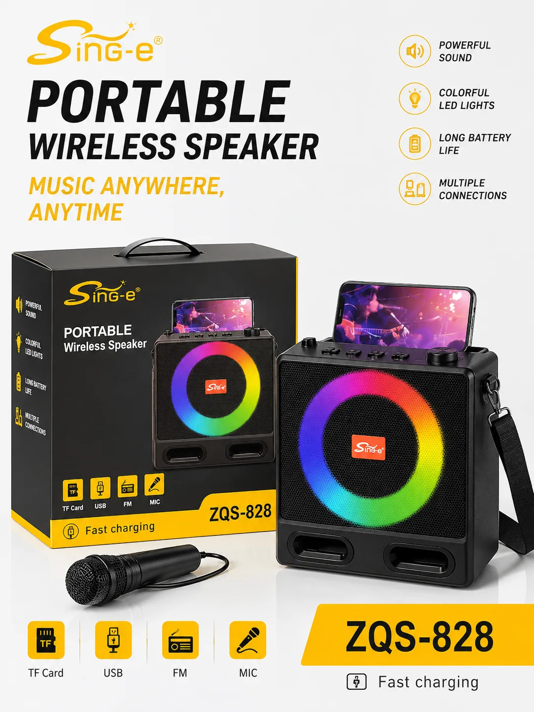 ZQS-828 Enceinte solaire portable Bluetooth avec éclairage LED RGB, radio FM et prise en charge de carte TF pour aventures en extérieur et fêtes